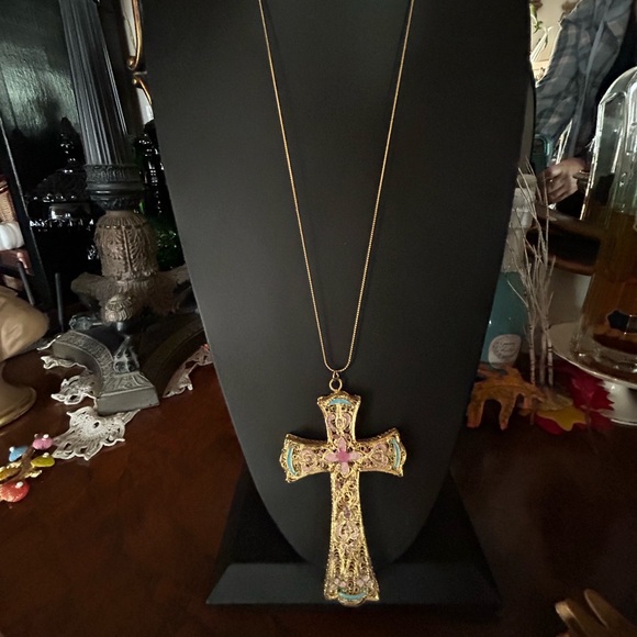 Vintage Gold Filigree Cloisonné Cross Pendant Necklace - Picture 9 of 9
